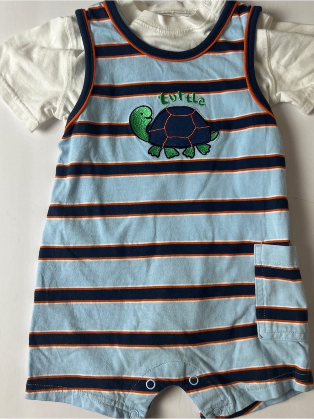 Baby Boys Blue Striped Turtle Romper with white t shirt 12 months